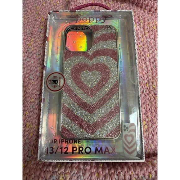 xo poppy iPhone 13 / 12 Pro Max Case MAGSAFE Rhinestone Pink Heart Glitter New - Picture 1 of 4